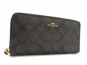 1円 ■新品同様■ COACH コーチ シグネチャー レザー ラウンドファスナー 長財布 ウォレット レディース ブラウン系 FA3662