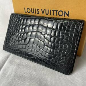 1円 極美品 LOUIS VUITTON ルイヴィトン長財布 札入れ クロコダイル ブラック 黒 ロングウォレット レザー 本革 シリアルあり ワニ 鰐 