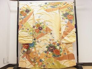 平和屋1■豪華振袖　駒刺繍　花籠文　金彩　逸品　ng3709