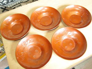 茶托５枚セット 銅製　千寿堂　キズ、シミあり 直径約11cm 重さ一枚約150g (s328)