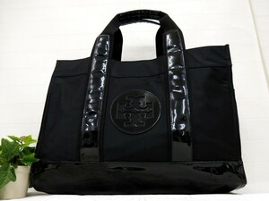 TORY BURCH トリーバーチ◆エラ◆ナイロン エナメル パテント レザー 本革◆トート バッグ◆ブラック ゴールド金具◆超美品◆N7734