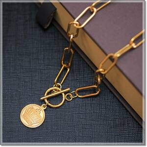 N7602/マンテルネックレス　ゴールド　王冠　コイン　メダル　幅広　太め　サージカルステンレスチェーンネックレス　金色　キンプリ好き