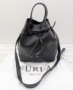 美品 FURLA フルラ 2WAYバッグ 巾着バッグ ハンドバッグ ショルダーバッグ レザー リボン ブラック