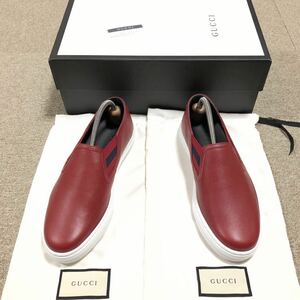 未使用品【グッチ】本物 GUCCI 靴 25cm 赤 スリッポン スニーカー カジュアルシューズ 本革 レザー 男性用 メンズ イタリア製 6 保存袋 箱