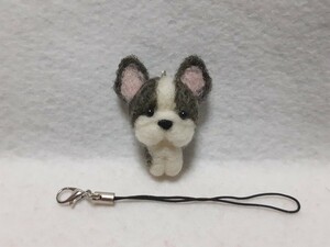 羊毛フェルト ハンドメイド 仔犬 フレンチブルドッグ　フレブル　パイドちゃん ストラップ 