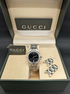 1円～ 電池交換 磨き済【GUCCI 9040L 0113971 デイト 腕時計 黒 文字盤 コマ付】グッチ ブランド クオーツ ウォッチ レディース アクセサリ