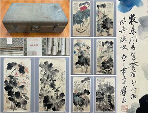 ■観心・時代旧蔵■C3220中国古書画 張大千 画作10枚組共箱 書画 水墨中国画巻物 肉筆逸品 肉筆保証品