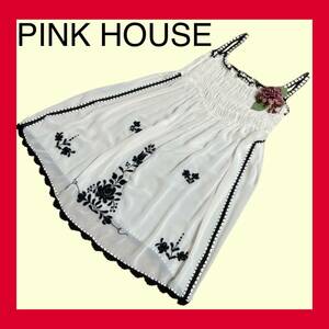 ピンクハウスフラワー刺繍チュニックワンピース生成黒シフォン 