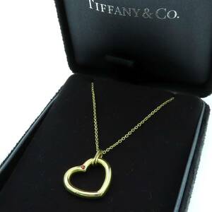 美品 Tiffany&Co. ヴィンテージ ティファニー イエローゴールド オープン ハート 1P ルビー ネックレス K18 TT21