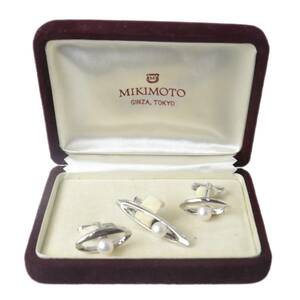 MIKIMOTO ミキモト パール タイピン カフス セット 本真珠×SILVER 箱 パール6.4mm珠 NT Bランク