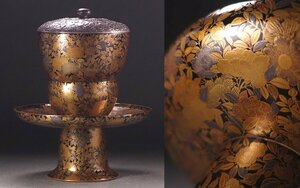 ∇花∇賀陽家御下賜品 江戸時代中期～後期 牡丹蒔絵茶碗・蒔絵天目台 銀地浮彫牡丹文蓋添 内・底は梨子地 金銀が交錯する華麗な総蒔絵