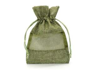 巾着袋 ラッピング 包装 巾着ポーチ 小物入れ (11cm×16cm) 麻布×オーガンジー (緑) (1個)