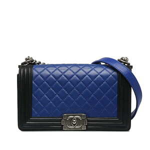 シャネル ボーイシャネル ココマーク チェーン ショルダーバッグ ブルー ブラック レザー レディース CHANEL 【中古】