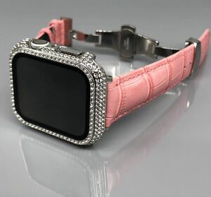 s ピンク アップルウォッチバンド 高級レザー 本革ベルト Apple Watch クロコダイル キラキラ　カバー　ケース 40mm 41mm 44mm 45mm