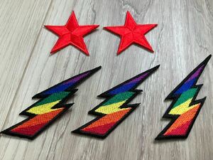 スター　レインボーライジング　雷　アイロンワッペン 5個セット　刺繍 パッチ 星 アップリケ