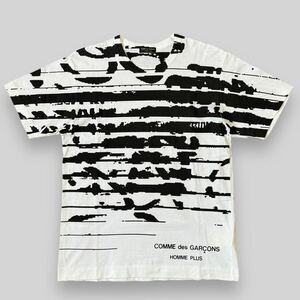 希少！ 2003年 コムデギャルソン オムプリュス アート ペイント ボーダー柄 Tシャツ M 白 黒 COMME des GARCONS HOMME PLUS 00s アーカイブ