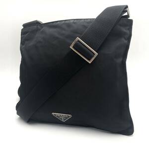 1円 美品 PRADA プラダ ショルダーバッグ クロスボディ サコッシュ 斜め掛け 肩掛け テスートナイロン ポコノ ブラック 三角ロゴ プレート