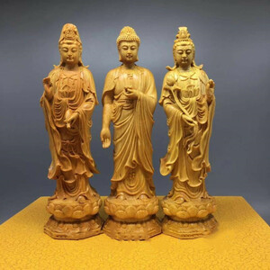 高品質◆仏教美術高さ約20ｃｍ 阿弥陀如来三尊立像 ツゲ 観音菩薩 木彫仏像 精密細工