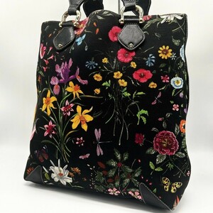 美品◆希少品 グッチ GUCCI トートバッグ ハンドバッグ キャンバス フローラ 花柄 レザー 本革 A4収納 ボタニカル レディース メンズ 鞄 黒