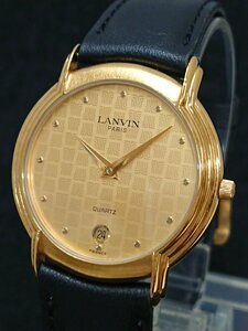 稼動品!!エレガント♪LANVIN/ランバン クォーツ式 519432 2針 日付表示 ゴールド色 メンズ 腕時計 ウォッチ USED品 社外品黒色バンド＊