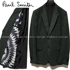 ポールスミス 裏地 幾何学模様 2B ウール シルク テーラード ジャケット M ダークグリーン 深緑 ピークドラペル 絹 メンズ Paul Smith