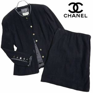 40サイズ★ CHANEL シャネル vintage ヴィンテージ セットアップ スーツ ノーカラージャケット スカート ココボタン ココマーク ブラック