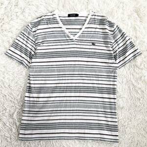 1円〜【希少】BURBERRY BLACK LABEL バーバリーブラックレーベル 半袖 Tシャツ Vネック ボーダー コットン メンズ 3 Lサイズ