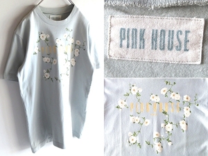 ネコポス対応 PINK HOUSE ピンクハウス 花/フラワー ロゴプリント コットン Tシャツ 半袖 カットソー M 水色 日本製 初期 シングルステッチ