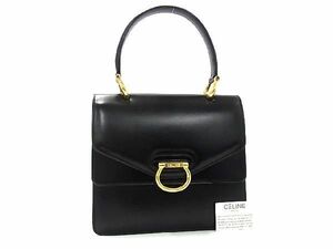 1円 ■美品■ CELINE セリーヌ ガンチーニ金具 ダブルフラップ レザー ワンハンドル ハンドバッグ レディース ブラック系 EA2221