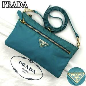 【美品】PRADA プラダ ショルダーバッグ 2way ハンドバッグ 三角ロゴプレート 白タグ ゴールド金具 テスートナイロン エメラルドグリーン