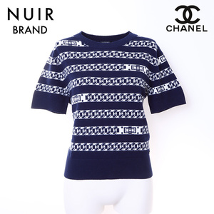 シャネル CHANEL ニット ボーダー 半袖 カシミヤ ネイビー