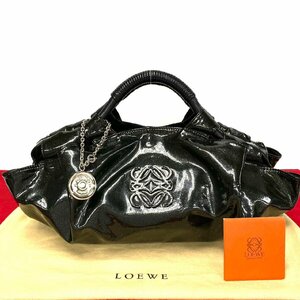 極 美品 保存袋付 LOEWE ロエベ ナッパアイレ アナグラム ロゴ チャーム エナメル ハンドバッグ トートバッグ ブラック 2109-3