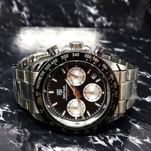 〓送料無料〓新品〓BENYARブランド・メンズ・クロノグラフ・24時間、カレンダー表示・クオーツ式腕時計・フルメタル・パンダウオッチ