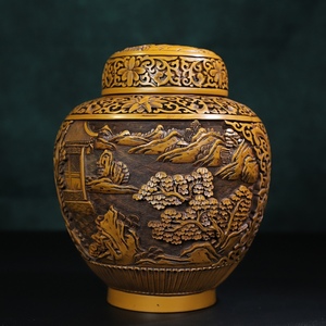 秘藏 清 剔黄漆器 山水圖罐 極細工 稀少珍品 中國古美味 古美術 L0515