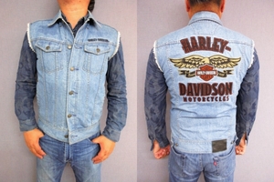 S ハーレーダビッドソン ロゴ 刺繍 デニム ベスト 日本L～LLサイズ相当 Harley‐Davidson（ジージャン ライダース ジャケット