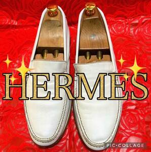 【新品定価10万円↑【高級革靴】HERMES エルメス レザーローファー 41 26.0cm 相当 ホワイト メンズ 本革 白 ビジネスシューズ カジュアル