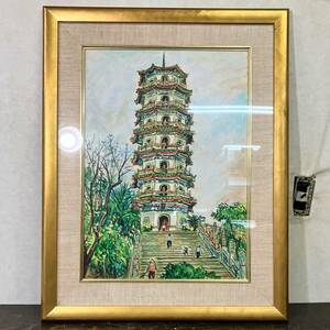 京都⑯ 台湾画家 東方昭然 水彩画 サイン有り 中国画 額装 風景画 705mm×555ｍｍ