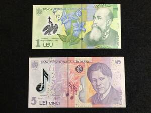 未使用 ピン札 ルーマニア レイ 1レイ 5レイ プラスチック紙幣 2005年 紙幣 世界 通貨 2枚まとめてa2084