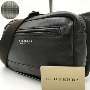 未使用級●バーバリーブラックレーベル BURBERRY BLACK LABEL メンズ ビジネス ボディバッグ ショルダー チェック レザー ブラウン 茶色