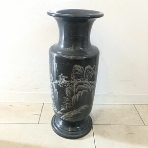 花瓶 壺 石 彫刻 風景彫刻 黒系 石製 レトロ アンティーク インテリア KN-3XPC