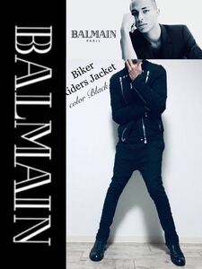 正規 BALMAIN 13SS Sweat Biker Jacket バルマン ノーカラー バイカーライダースジャケット ブラック 肉厚スウェット★