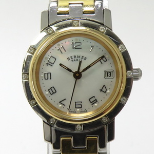【中古】HERMES クリッパー ナクレ 12Pダイヤ レディース 腕時計 SS クオーツ ホワイトシェル文字盤 CL4.222