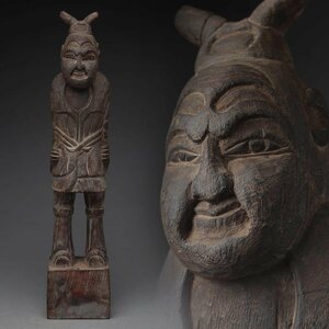 JK237 時代 古木 木雕将軍立像・木彫武将像 置物 高37.5cm 重645g・木雕人物像・男像