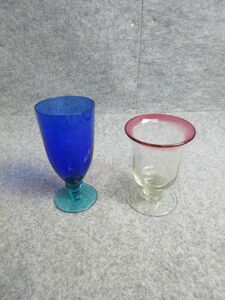 【政】32546 ガラス青、ピンクコンポート 高杯 型押しガラス皿 氷皿