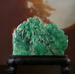 ■観心・時代旧蔵■C4760寿山石 翡翠緑 松下雅聚 寿山石細密彫 擺件 置物 賞物