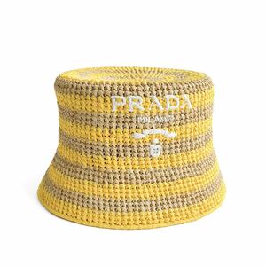 PRADA プラダ Logo Embroidered Crochet Bucket Hat ロゴ エンブロイダード クロシェット バケット ハット ラフィア キャップ 新品 Mサイズ