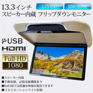 ベージュ 13.3インチ Full-HD フリップダウンモニター ルームランプ 16色イルミネーションライト搭載 USBメモリ 32GB MP4 1080p MP3 JPEG