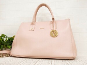 FURLA フルラ◆リンダ◆サフィアーノ レザー 本革◆2way ハンド ショルダー バッグ◆ライトピンク ゴールド金具◆美品◆肩掛け◆N7613