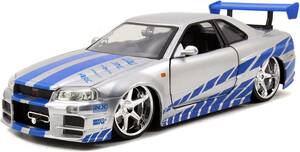 Jada Toys ワイルド・スピード ブライアンの 2002 日産 スカイライン R34 ダイキャストカー、1:24 スケール、シルバー & ブルーn213