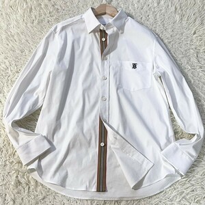 美品/Lサイズ●BURBERRY 【王者の貫禄】バーバリー モノグラムモチーフ シャツ 長袖 TBロゴ ホワイト ノバチェック ストレッチ 高級感◎